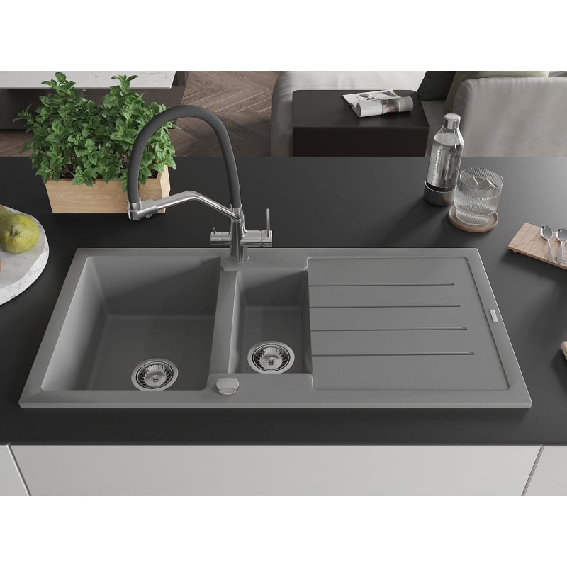 Mexen Andres granite sink 1.5-bowl with drainer and Duo kitchen faucet, gray - 6515-71-671701-07