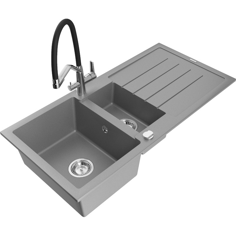 Mexen Andres granite sink 1.5-bowl with drainer and Duo kitchen faucet, gray - 6515-71-671701-07