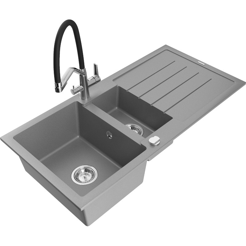 Mexen Andres granite sink 1.5-bowl with drainer and Duo kitchen tap, grey - 6515-71-671701-07