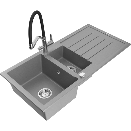 Mexen Andres 1.5-compartment granite sink with a drip tray and kitchen mixer tap Duo, grey - 6515-71-671701-07