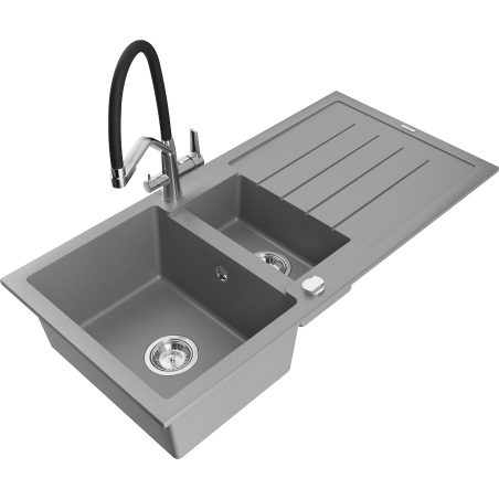 Mexen Andres granite sink 1.5-bowl with drainer and Duo kitchen tap, grey - 6515-71-671701-07