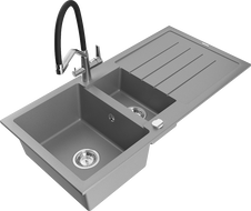 Mexen Andres granite sink 1.5-bowl with drainer and Duo kitchen faucet, gray - 6515-71-671701-07