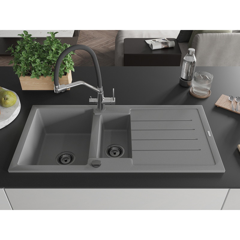 Mexen Andres 1.5-bowl granite sink with drainer and Duo kitchen faucet, gray - 6515-71-671701-07-B