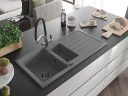 Mexen Andres 1.5-bowl granite sink with drainer and Duo kitchen faucet, gray - 6515-71-671701-07-B