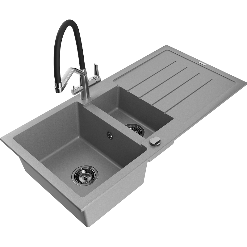 Mexen Andres 1.5-bowl granite sink with drainer and Duo kitchen tap, grey - 6515-71-671701-07-B