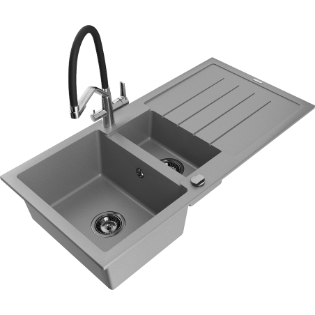 Mexen Andres 1.5-bowl granite sink with drainer and Duo kitchen tap, grey - 6515-71-671701-07-B