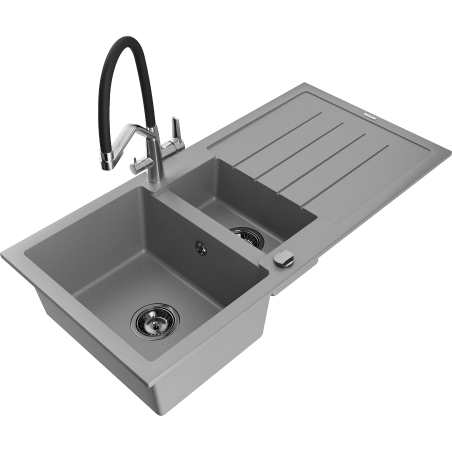 Mexen Andres 1.5-compartment granite sink with a drip tray and kitchen mixer tap Duo, grey - 6515-71-671701-07-B