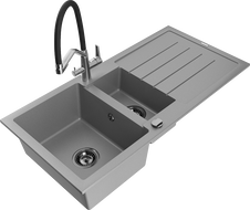 Mexen Andres 1.5-bowl granite sink with drainer and Duo kitchen faucet, gray - 6515-71-671701-07-B