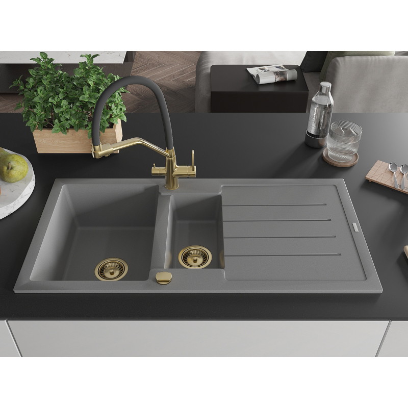 Mexen Andres 1.5-Bowl Granite Sink with Drainer and Duo Kitchen Faucet, Gray - 6515-71-671701-57-G