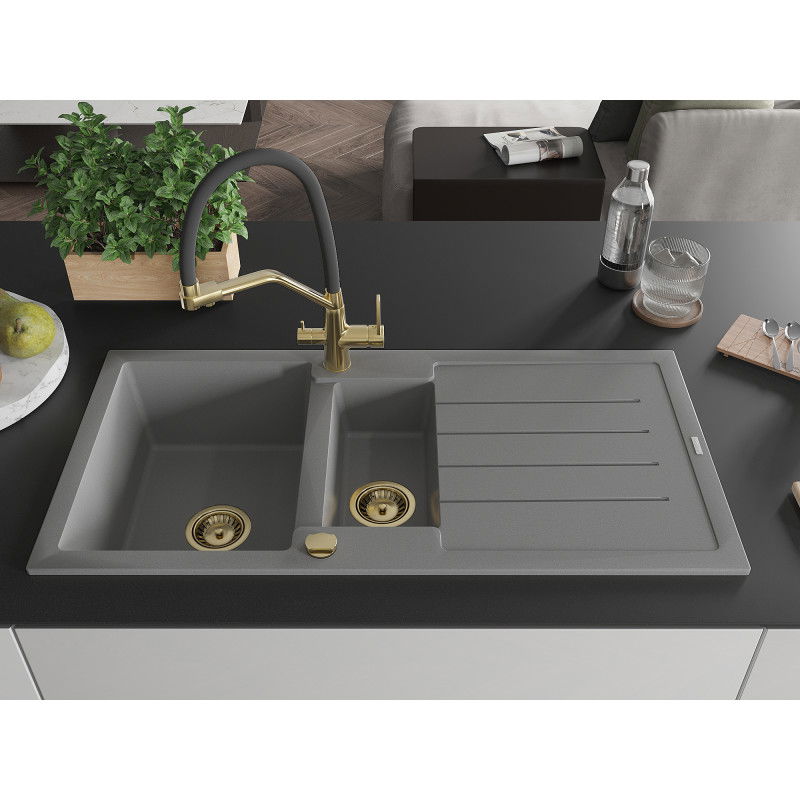 Mexen Andres granite sink 1.5-bowl with drainer and Duo kitchen tap, grey - 6515-71-671701-57-G