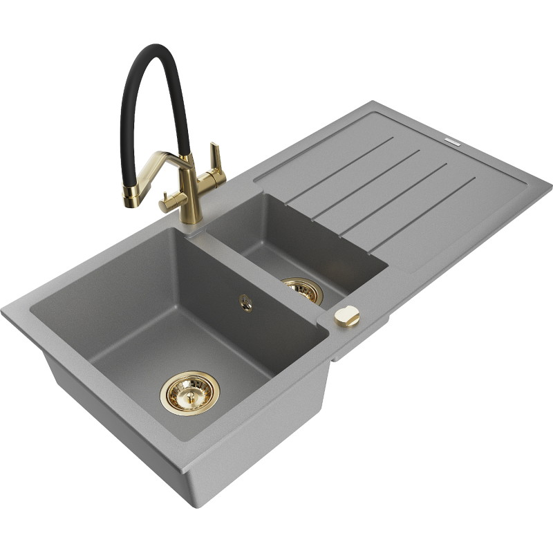 Mexen Andres 1.5-Bowl Granite Sink with Drainer and Duo Kitchen Faucet, Gray - 6515-71-671701-57-G