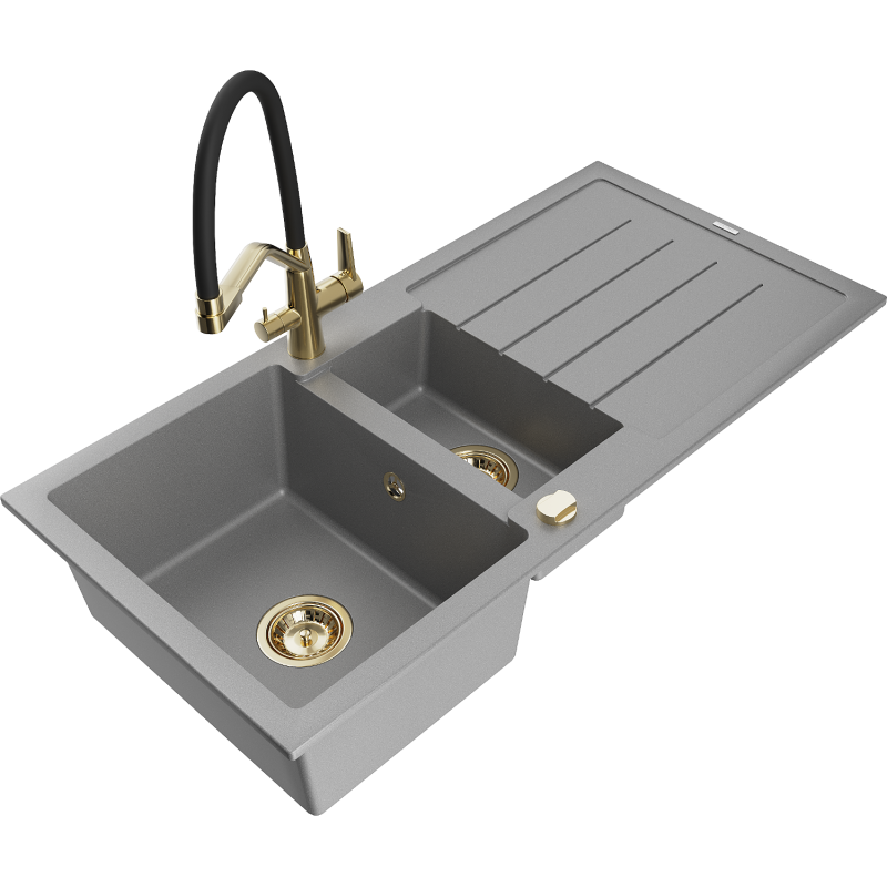 Mexen Andres granite sink 1.5-bowl with drainer and Duo kitchen tap, grey - 6515-71-671701-57-G