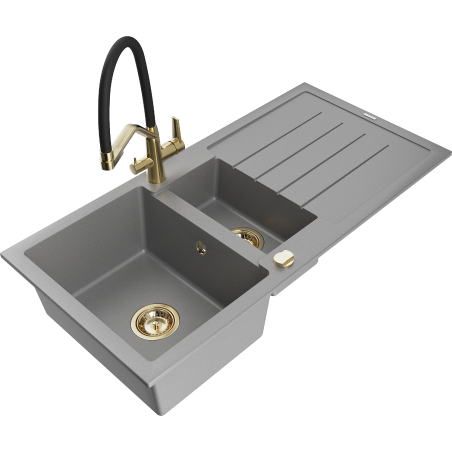 Mexen Andres 1.5-Bowl Granite Sink with Drainer and Duo Kitchen Faucet, Gray - 6515-71-671701-57-G