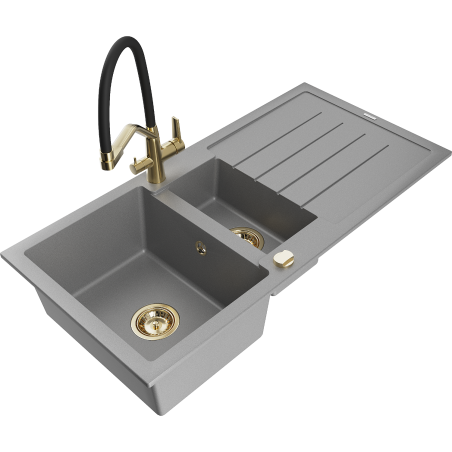 Mexen Andres granite sink 1.5-bowl with drainer and Duo kitchen tap, grey - 6515-71-671701-57-G