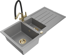 Mexen Andres 1.5-Bowl Granite Sink with Drainer and Duo Kitchen Faucet, Gray - 6515-71-671701-57-G