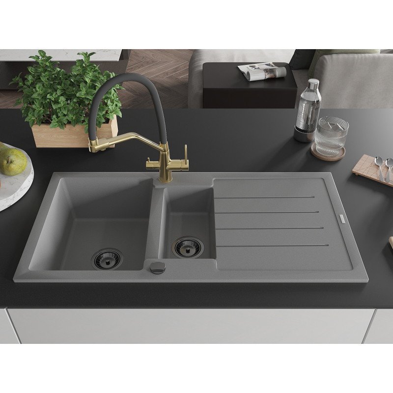 Mexen Andres 1.5-bowl granite sink with drainer and Duo kitchen faucet, gray - 6515-71-671701-57-B