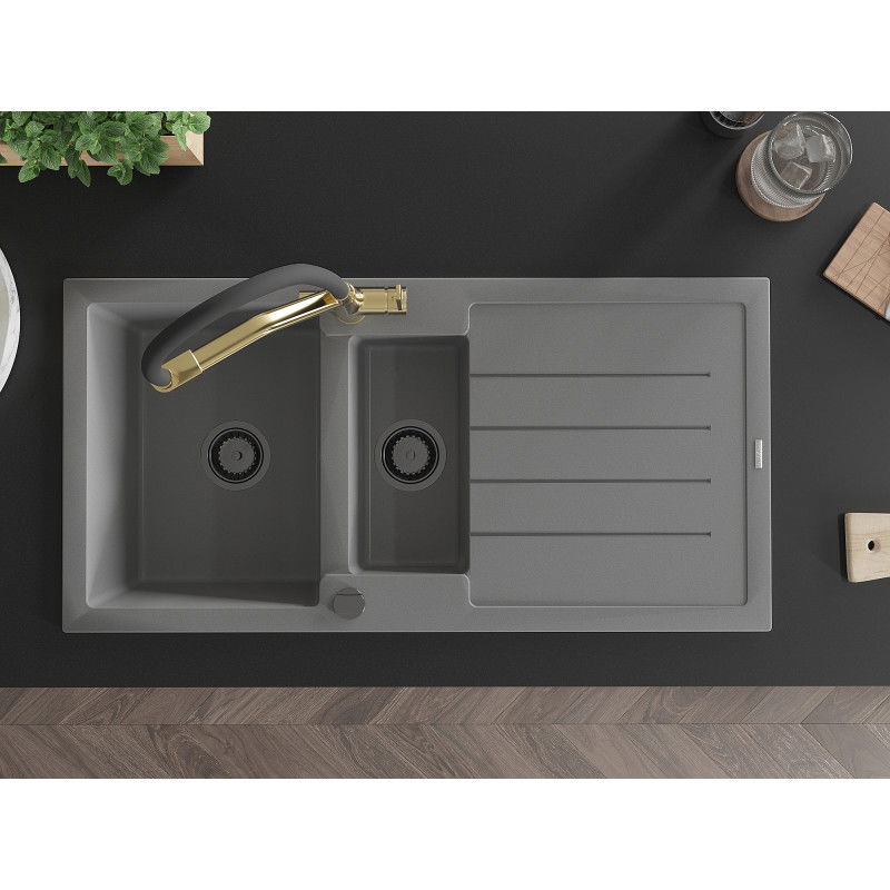 Mexen Andres granite sink 1.5-bowl with drainer and Duo kitchen tap, grey - 6515-71-671701-57-B