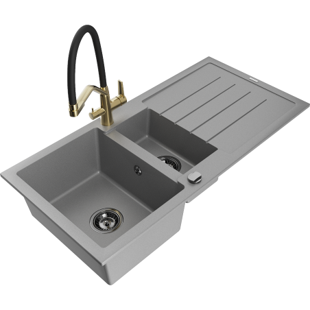 Mexen Andres 1.5-bowl granite sink with drainer and Duo kitchen faucet, gray - 6515-71-671701-57-B