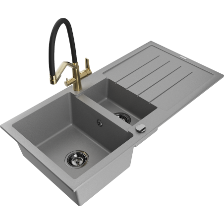 Mexen Andres granite sink 1.5-bowl with drainer and Duo kitchen tap, grey - 6515-71-671701-57-B