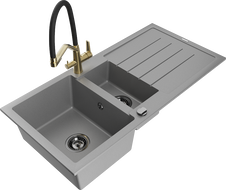 Mexen Andres 1.5-bowl granite sink with drainer and Duo kitchen faucet, gray - 6515-71-671701-57-B