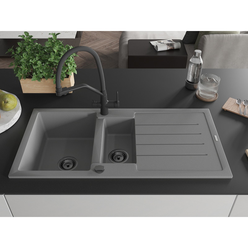 Mexen Andres granite sink 1.5-bowl with drainer and Duo kitchen faucet, gray - 6515-71-671701-70-B