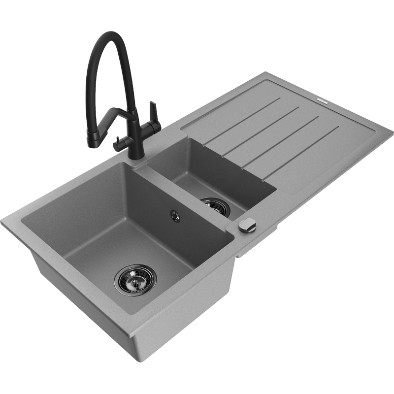 Mexen Andres 1.5-compartment granite sink with a drip tray and kitchen mixer tap Duo, grey - 6515-71-671701-70-B
