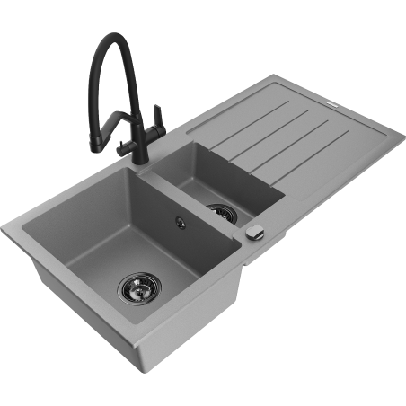 Mexen Andres granite sink 1.5-bowl with drainer and Duo kitchen faucet, gray - 6515-71-671701-70-B