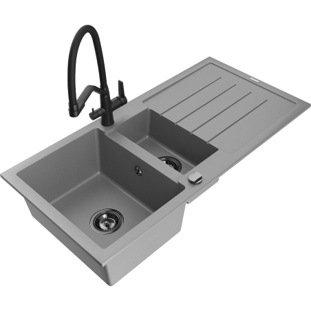Mexen Andres granite sink 1.5-bowl with drainer and Duo kitchen tap, grey - 6515-71-671701-70-B