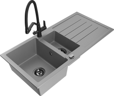 Mexen Andres granite sink 1.5-bowl with drainer and Duo kitchen faucet, gray - 6515-71-671701-70-B