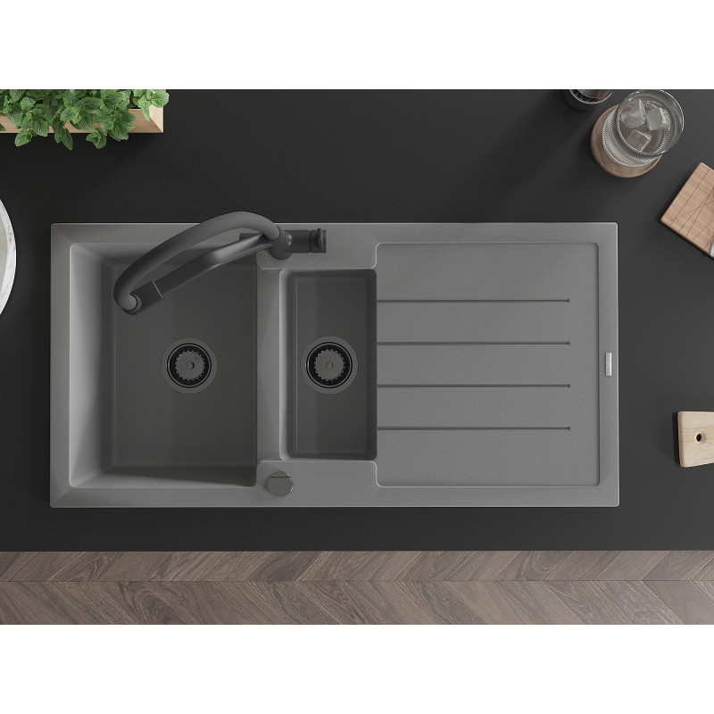 Mexen Andres granite sink 1.5-bowl with drainer and Duo kitchen faucet, gray - 6515-71-671701-70-B