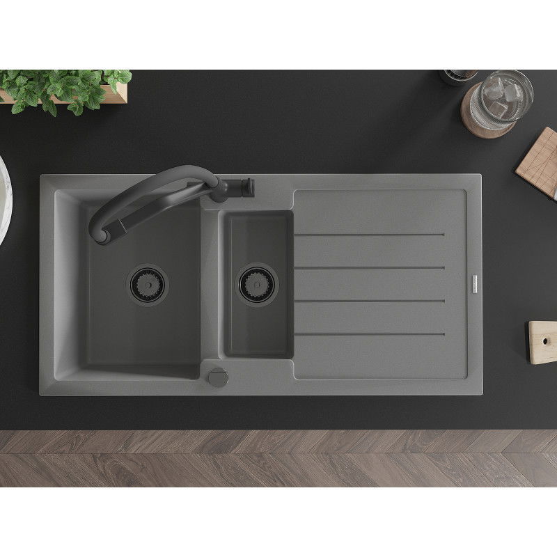 Mexen Andres granite sink 1.5-bowl with drainer and Duo kitchen tap, grey - 6515-71-671701-70-B