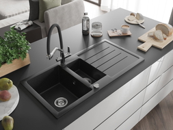 Mexen Andres granite sink 1.5-bowl with drainer and Duo kitchen faucet, black/silver metallic - 6515-73-671701-07