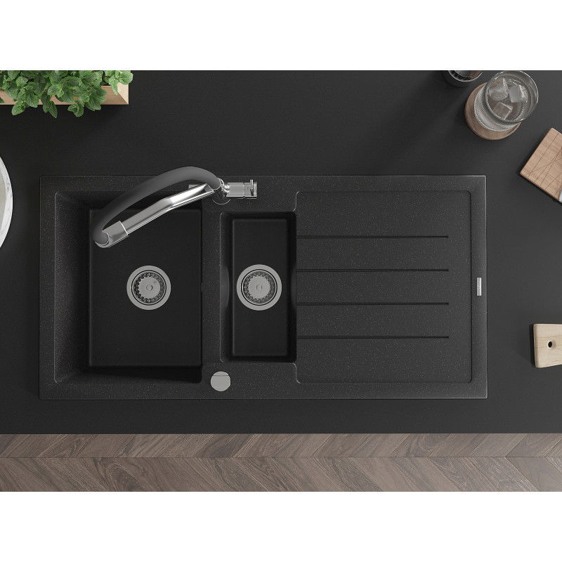 Mexen Andres granite sink 1.5-bowl with drainer and Duo kitchen tap, black/silver metallic - 6515-73-671701-07