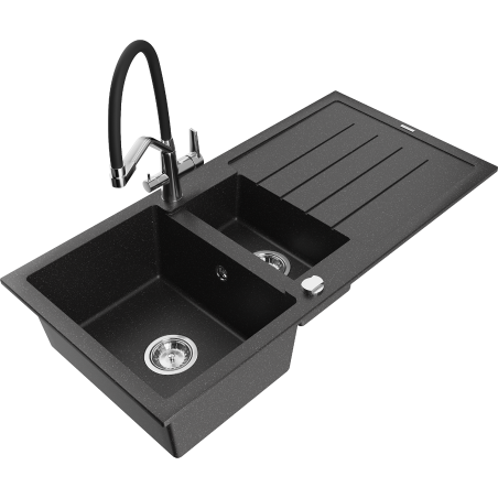 Mexen Andres granite sink 1.5-bowl with drainer and Duo kitchen faucet, black/silver metallic - 6515-73-671701-07