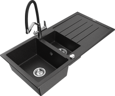 Mexen Andres granite sink 1.5-bowl with drainer and Duo kitchen faucet, black/silver metallic - 6515-73-671701-07