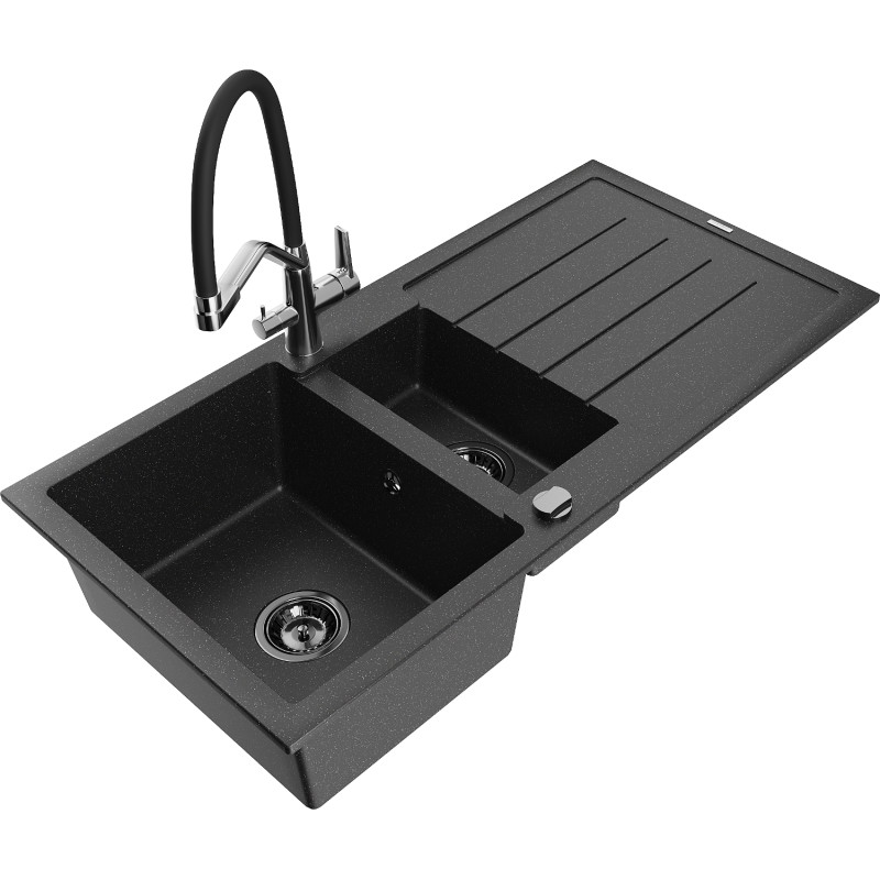 Mexen Andres granite sink 1.5-bowl with drainer and kitchen faucet Duo, black/silver - 6515-73-671701-07-B