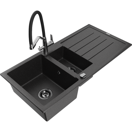 Mexen Andres granite sink 1.5-bowl with drainer and kitchen faucet Duo, black/silver - 6515-73-671701-07-B