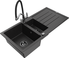 Mexen Andres 1.5-compartment granite sink with a drip tray and kitchen mixer tap Duo, Black/ silver - 6515-73-671701-07-B