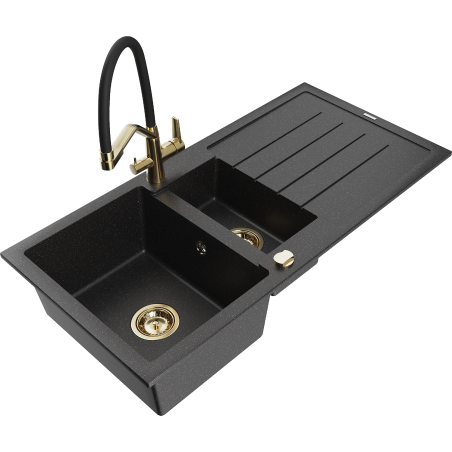 Mexen Andres 1.5-bowl granite sink with drainer and Duo kitchen faucet, black/silver - 6515-73-671701-57-G