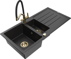 Mexen Andres granite sink 1.5-bowl with drainer and Duo kitchen faucet, black/silver - 6515-73-671701-57-G