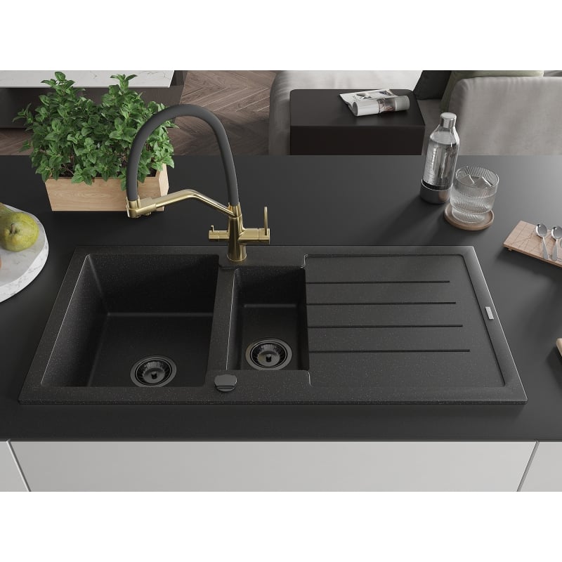 Mexen Andres Granite Sink 1.5 Bowl with Drainer and Duo Kitchen Faucet, Black/Silver - 6515-73-671701-57-B