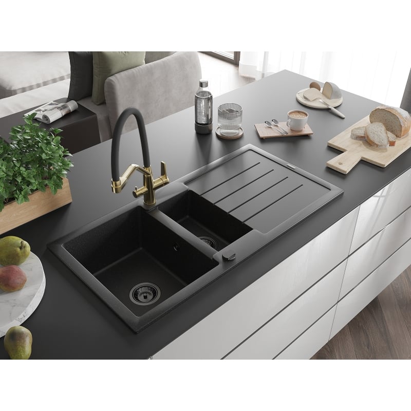 Mexen Andres Granite Sink 1.5 Bowl with Drainer and Duo Kitchen Faucet, Black/Silver - 6515-73-671701-57-B