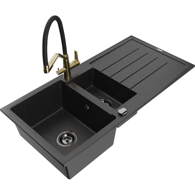 Mexen Andres 1.5-compartment granite sink with a drip tray and kitchen mixer tap Duo, Black/ silver - 6515-73-671701-57-B