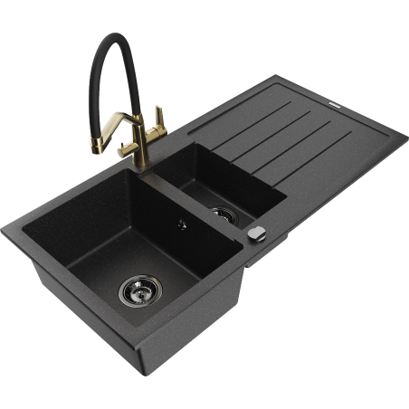 Mexen Andres 1.5-compartment granite sink with a drip tray and kitchen mixer tap Duo, Black/ silver - 6515-73-671701-57-B