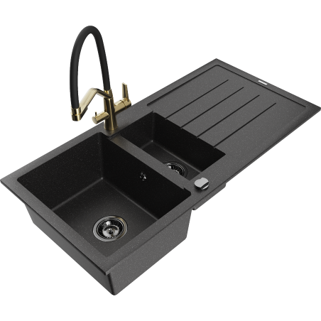 Mexen Andres Granite Sink 1.5 Bowl with Drainer and Duo Kitchen Faucet, Black/Silver - 6515-73-671701-57-B