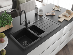 Mexen Andres granite sink 1.5-bowl with drainer and Duo kitchen faucet, black/silver - 6515-73-671701-70-B