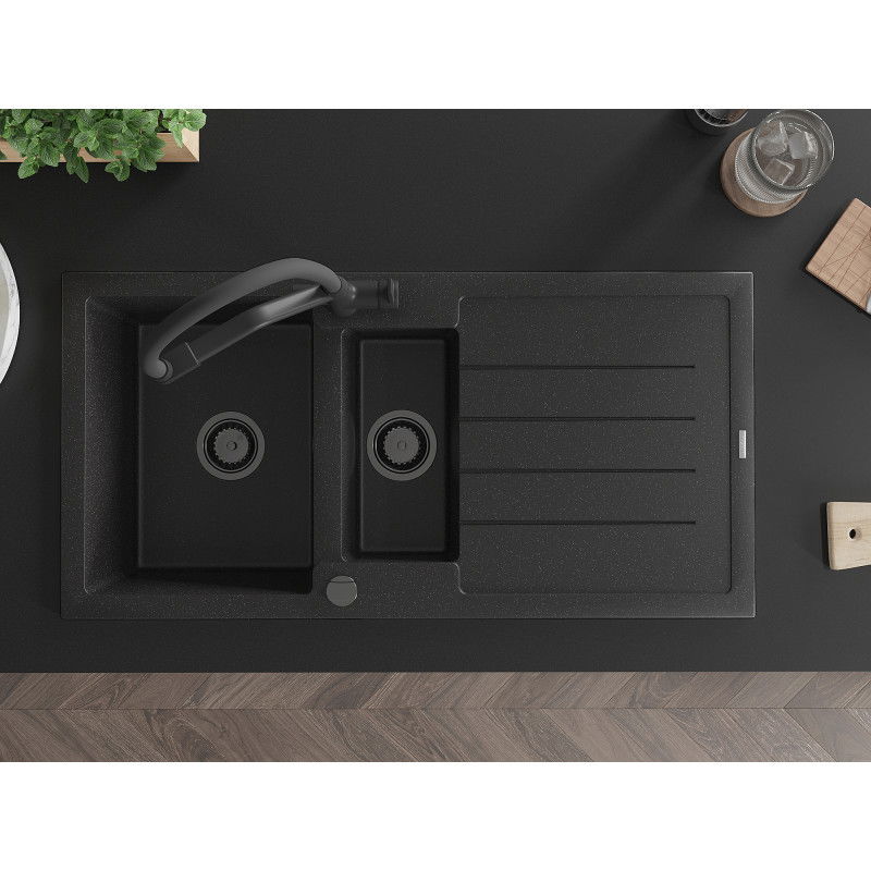 Mexen Andres granite sink 1.5-bowl with drainer and kitchen tap Duo, black/silver - 6515-73-671701-70-B