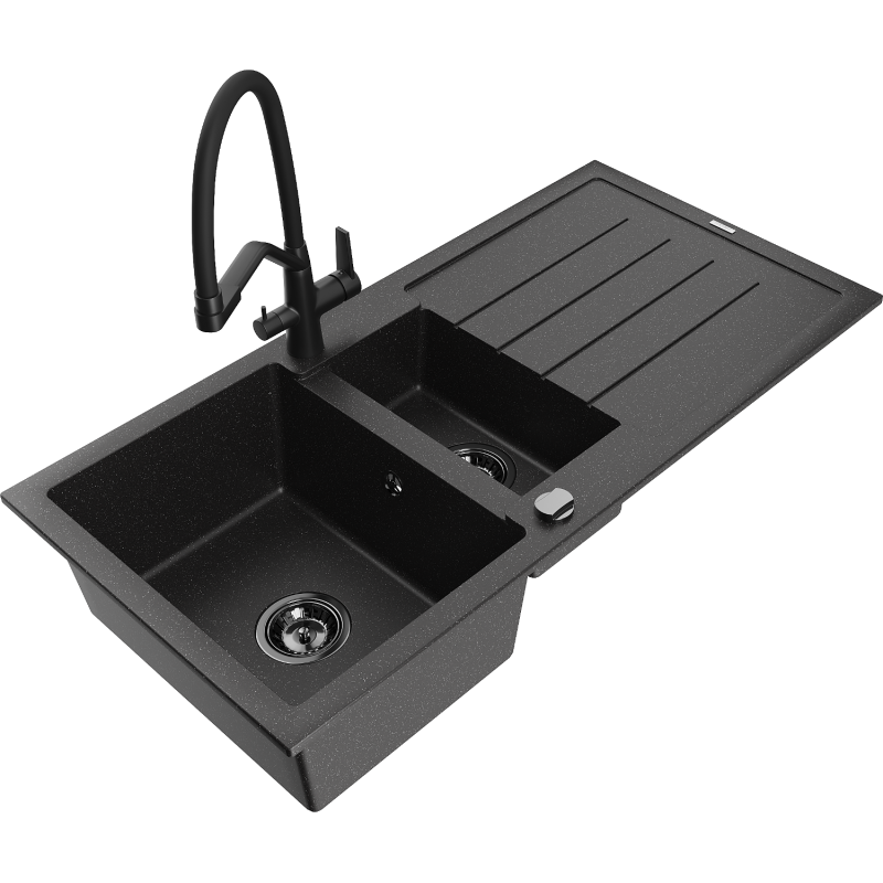 Mexen Andres 1.5-compartment granite sink with a drip tray and kitchen mixer tap Duo, Black/ silver - 6515-73-671701-70-B