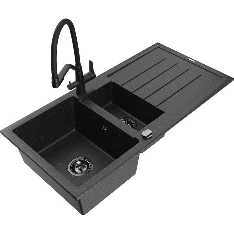 Mexen Andres granite sink 1.5-bowl with drainer and Duo kitchen faucet, black/silver - 6515-73-671701-70-B