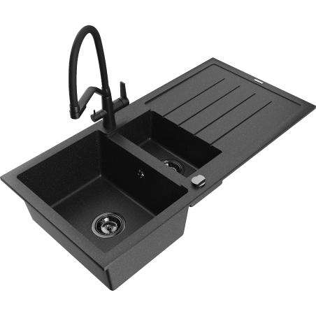 Mexen Andres granite sink 1.5-bowl with drainer and Duo kitchen faucet, black/silver - 6515-73-671701-70-B